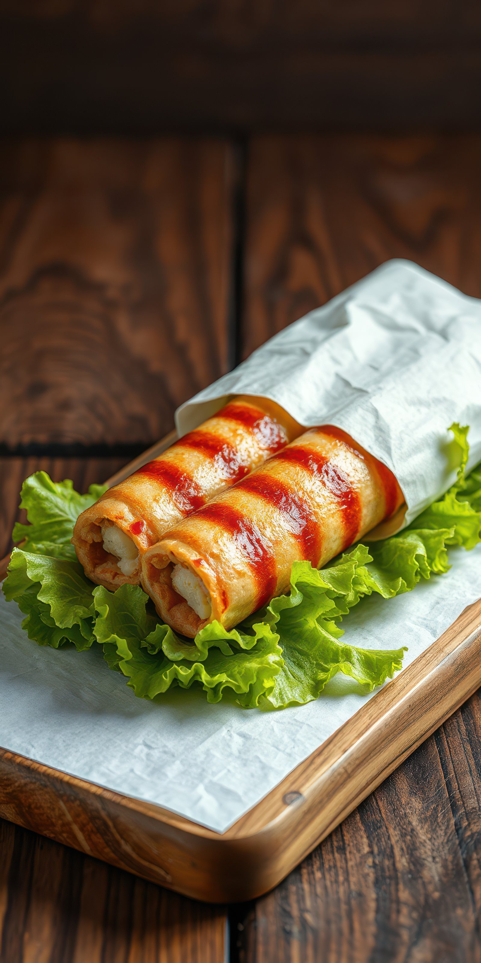 Delicious rolled wraps filled with savory ingredients served on crisp lettuce at a cozy restaurant